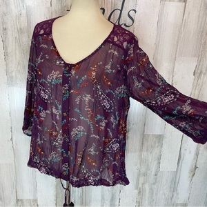 Maurices Purple Floral Faux Button 3/4 Sleeve Sheer Tie Front Shirt Top Blouse L